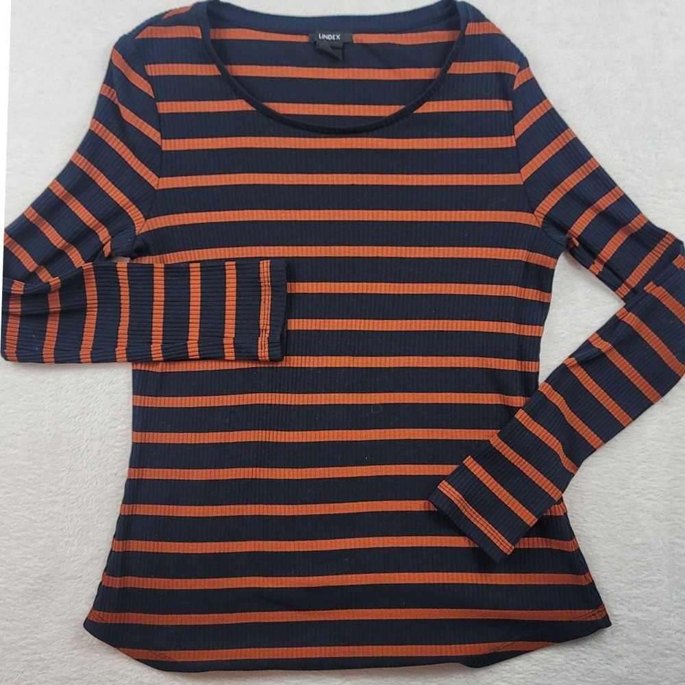 Lindex Womens Medium Navy Blue Orange Striped Ribbed Long Sleeve Crew Neck Top